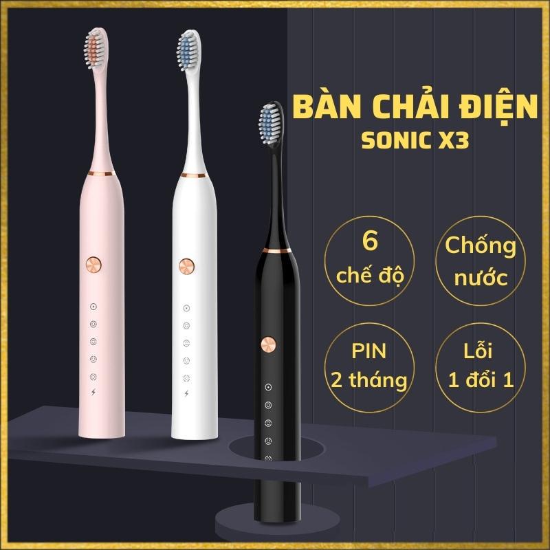 Bàn chải điện Sonic X3 2022 tặng kèm 4 đầu bàn chải đánh răng tự động 6 chế độ rung loại bỏ cao răng đánh bay mảng bám