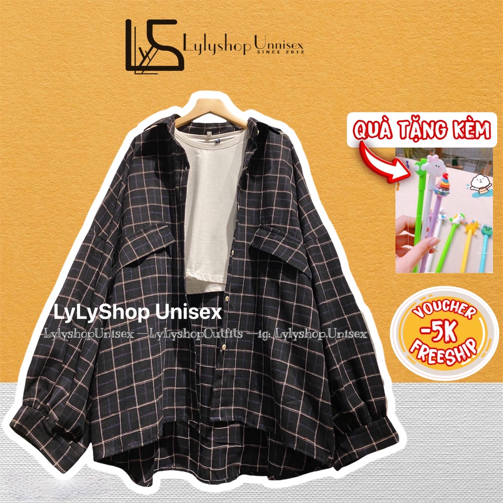 Áo sơ mi kẻ caro Lylyshop Unisex, kiểu áo sơ mi kẻ sọc tay phồng rộng chất kate cotton oversize form siêu rộng tới 100kg