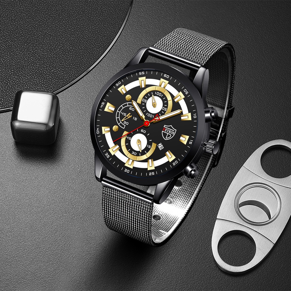 Thời trang nam giới bình thường Lịch công tác Đồng hồ nam kim tuyến dạ quang Đồng hồ bằng thép không gỉ phát sáng dành cho sinh viên Đồng hồ thạch anh da lưới