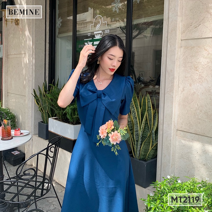 Đầm suông cổ nơ tay xếp li BEMINE MT2119XANH