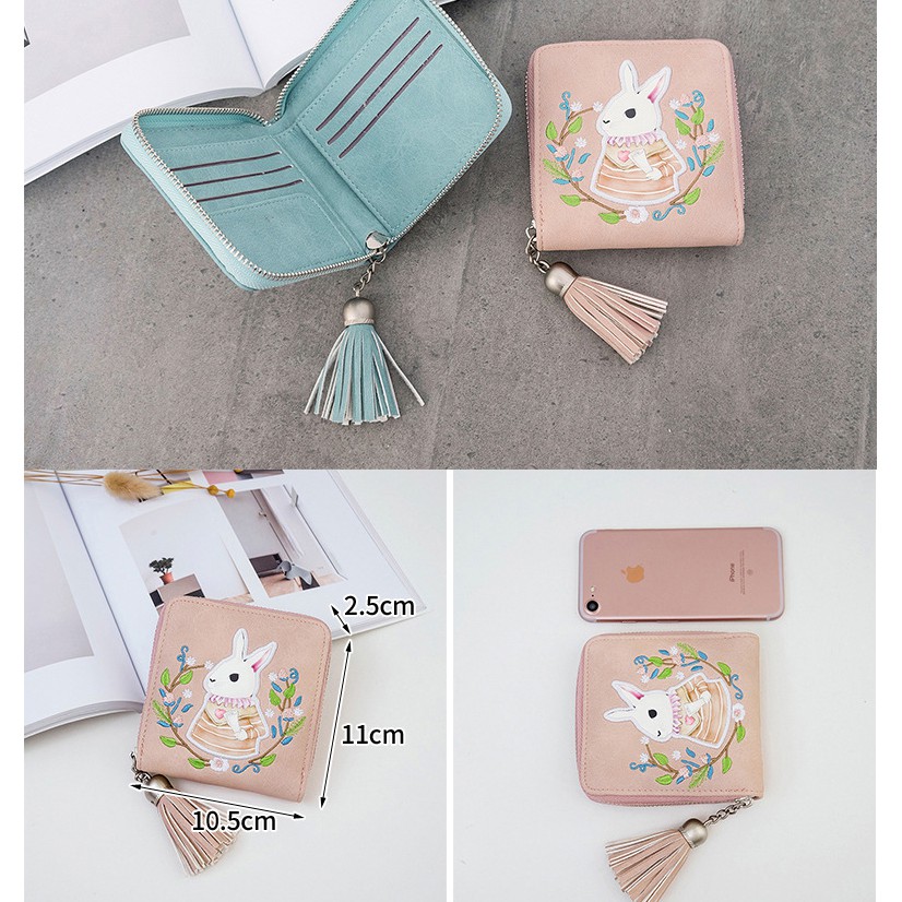 Ví Ngắn Nữ Cầm Tay Hình Vuông Nhỏ Gọn Dễ Thương Có Hình Chú Thỏ Thêu Hoa Xinh Xắn Dây Kéo Tua Rua Phong Cách Hàn Quốc | BigBuy360 - bigbuy360.vn