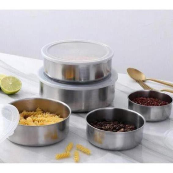 Hộp bảo quản thực phẩm trong tủ lạnh - Sét 5 Bát Inox Có Nắp Đậy Silicon - Bát Để - Loại 1-  K13101