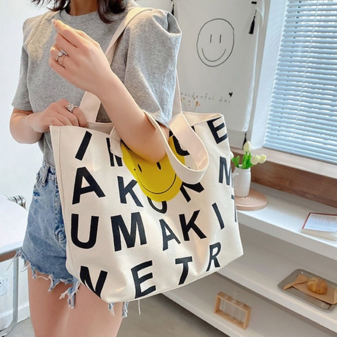 Túi Xách Canvas Sức Chứa Lớn In Họa Tiết Mặt Cười Phong Cách Mới Cho Nữ