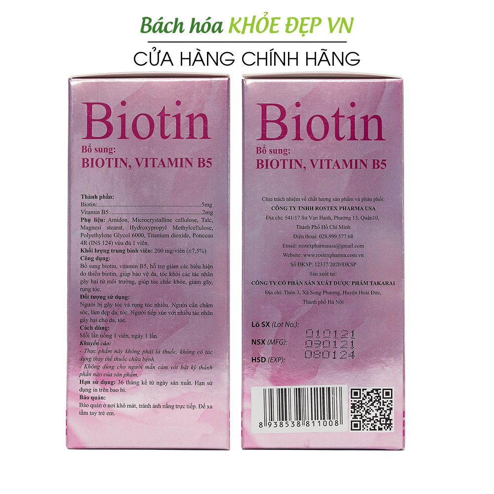 Viên uống bổ sung Biotin, Vitamin B5 giúp tóc chắc khỏe, giảm gãy rụng tóc - Chai 60 viên