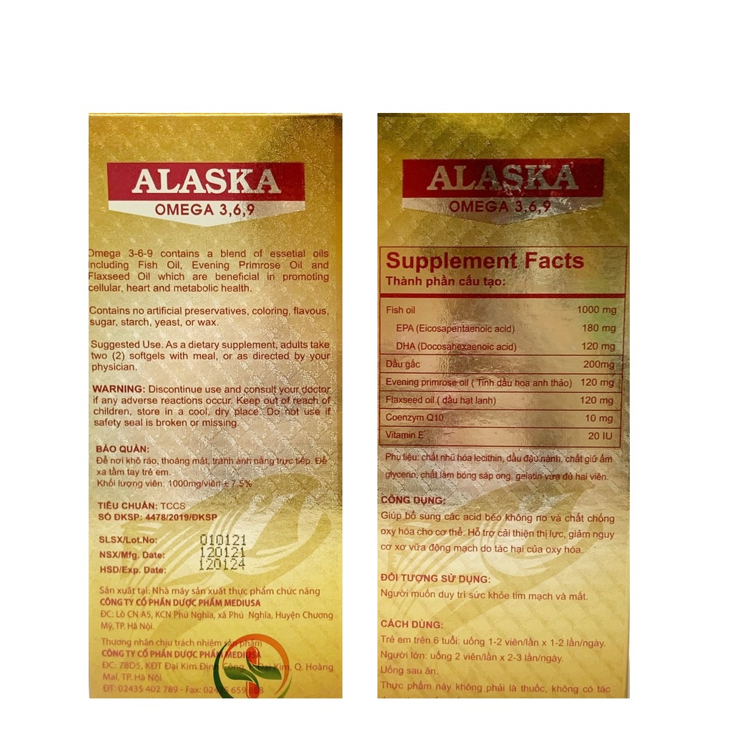 Viên dầu cá Alaska Omega 369 bổ não, sáng mắt, khỏe tim mạch Chai vàng 100 viên