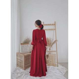 Set đầm đỏ dài+ cột tóc nơ