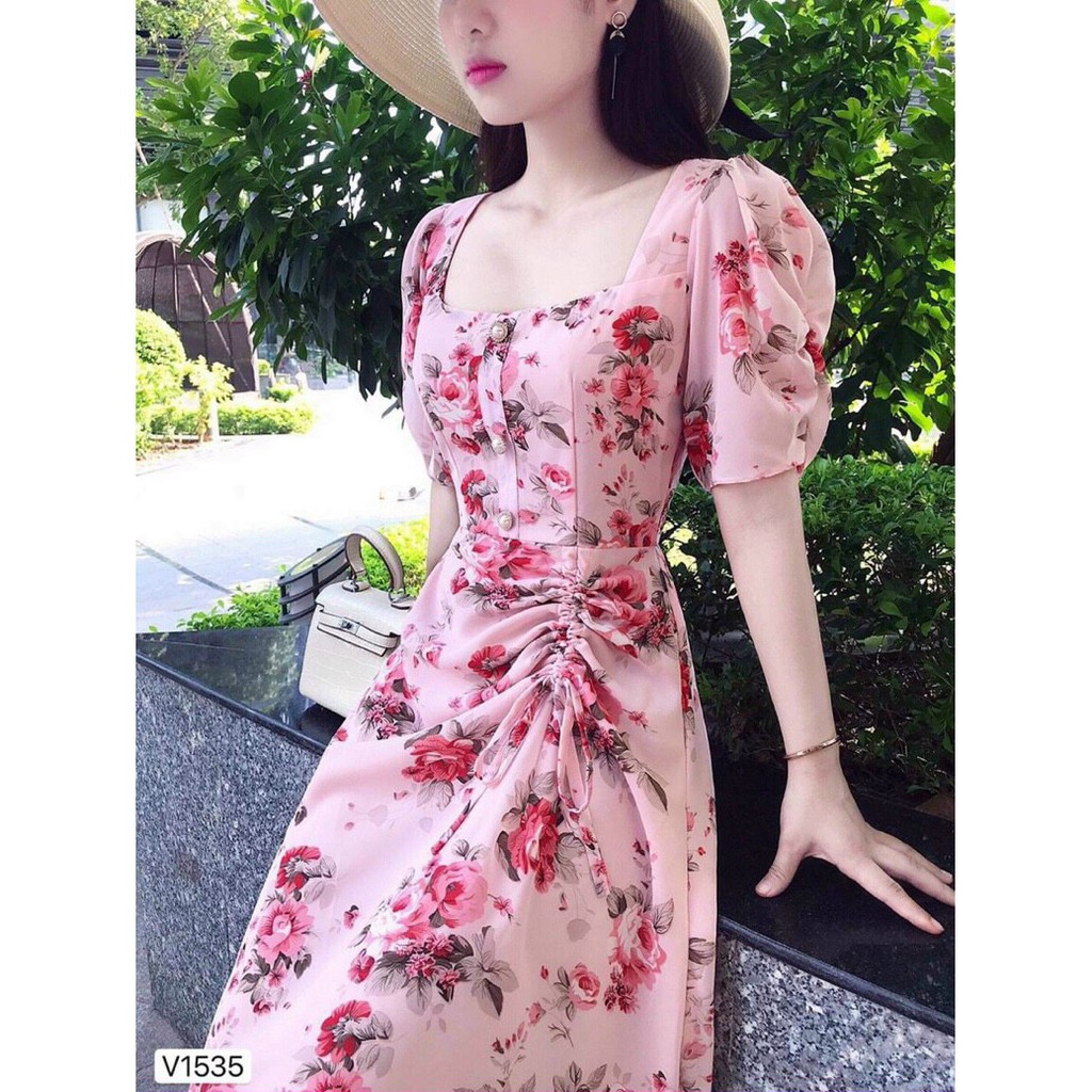 Đầm xoè hoa tay phồng rút dây siêu xinh