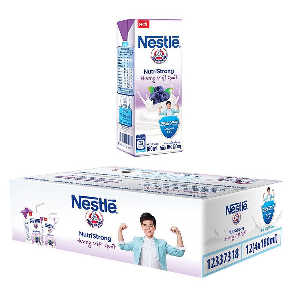 (nhiều vị)Thùng 48 hộp sữa tiệt trùng Nestle NutriStrong ít đường, Có Đường, Việt Quất, socola 180ml