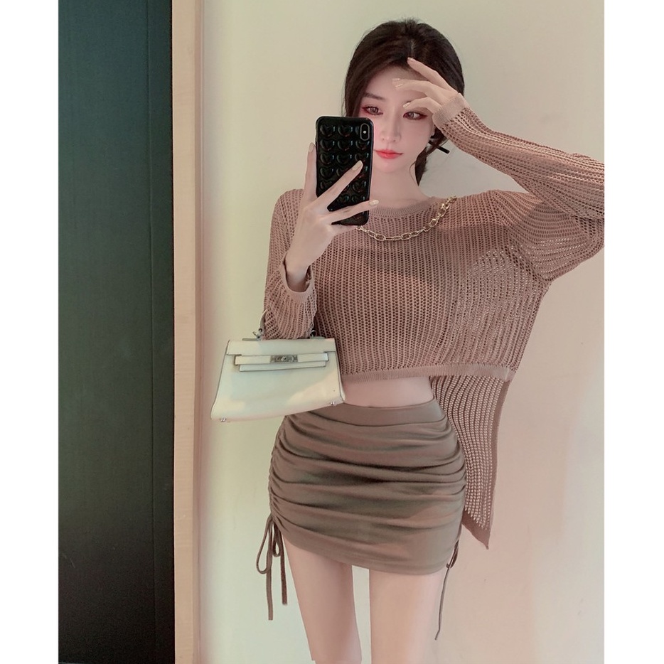 Áo Sweater Tay Dài Vạt Không Đều Phong Cách Hàn Quốc/ Váy Xếp Ly Thời Trang Tôn Đôi Chân Dài Cho Nữ