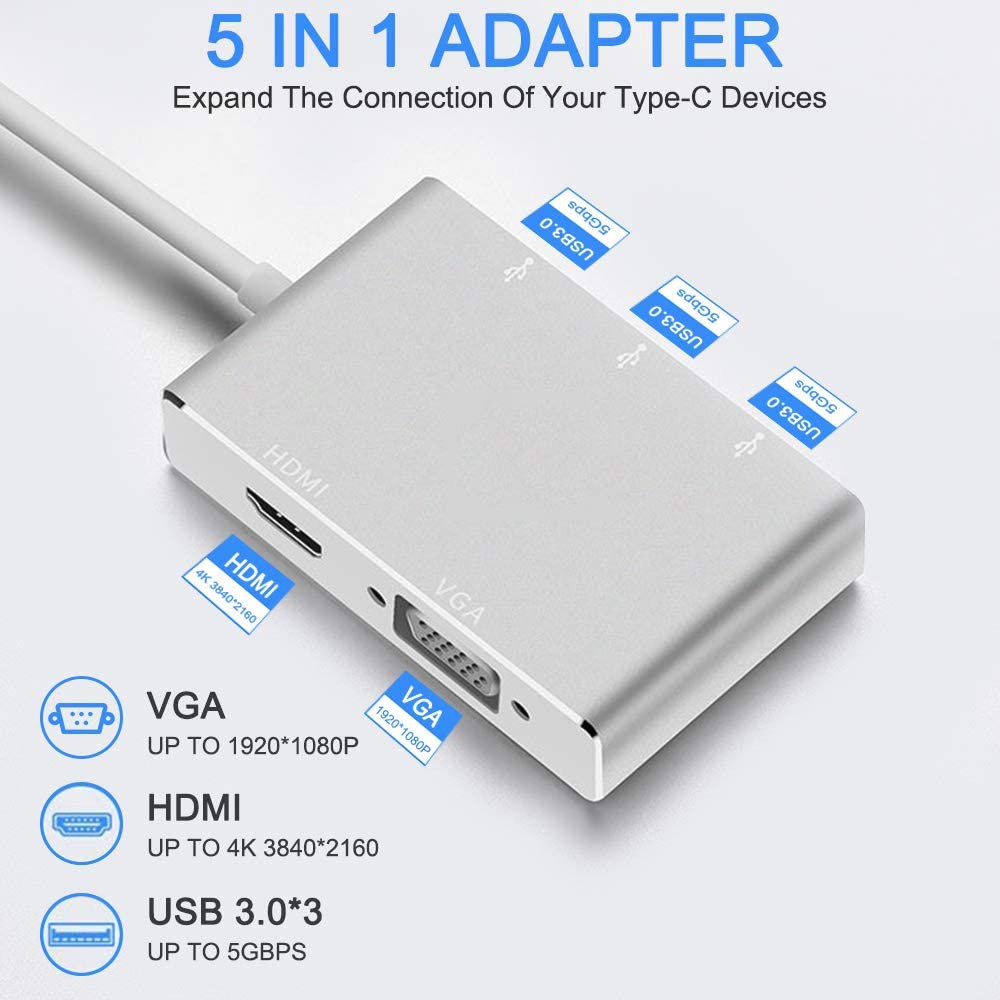 Hub Type-c 5 cổng HDMI, VGA, USB 3.0 * 3 - hỗ trợ Samsung Dex