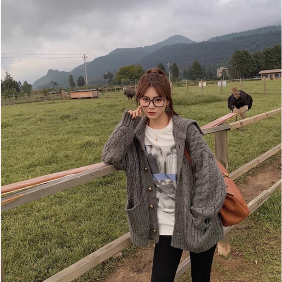 Áo khoác cardigan Forgirl len bện cổ bẻ phối túi