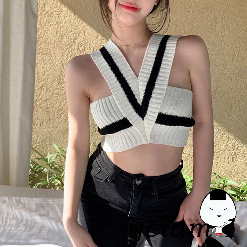Áo Croptop Dệt Kim Sát Nách Cổ Chữ V Màu Sắc Tương Phản Thời Trang Mùa Hè Cho Nữ