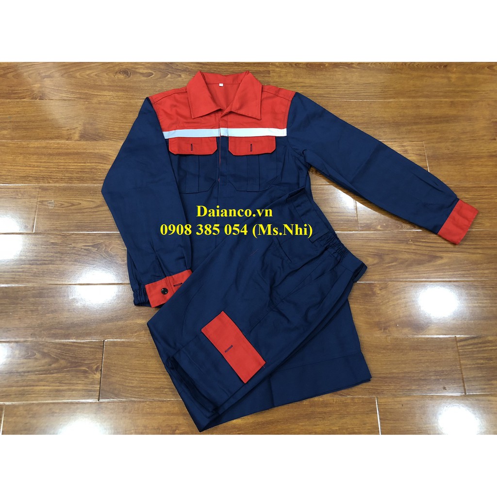 Quần áo bảo hộ tay dài màu tím than phối đỏ DN14 vải kaki thấm hút mồ hôi - Hình thật