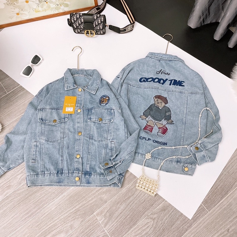 Áo Khoác Jeans Bò Thêu Gấu Dáng Thụng