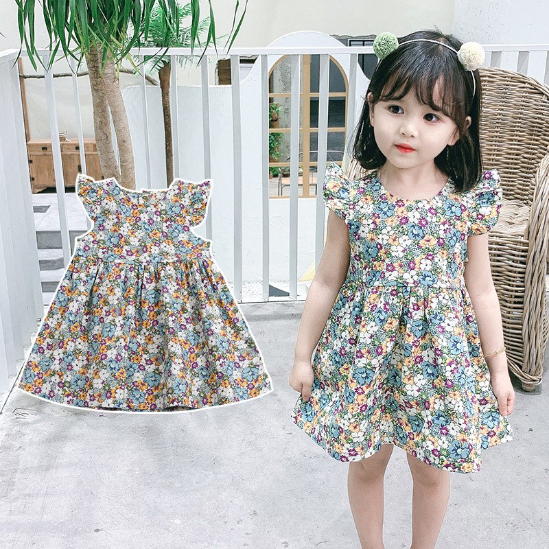 Váy, đầm bé gái mùa hè chất cotton công chúa hoạ tiết hoa nhí thoáng mát dễ thương QATE25