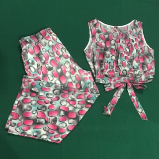 Set áo voan croptop thắt nơ, quần ống suông