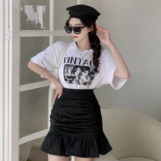 Set áo thun cotton in hình chân váy đuôi cá 💖FREESHIP💖 Áo phông nữ mix chân váy bozip AD148