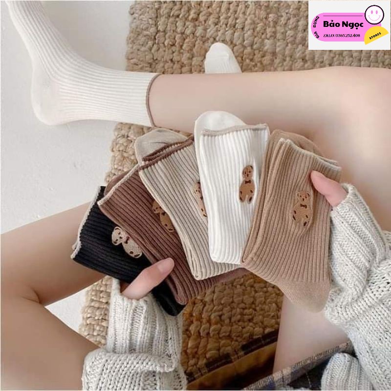 Tất Cổ Cao Cotton Nhiều Màu In Hình Gấu Đáng Yêu Đẹp Mắt Kiểu Hàn Quốc Cho Nữ