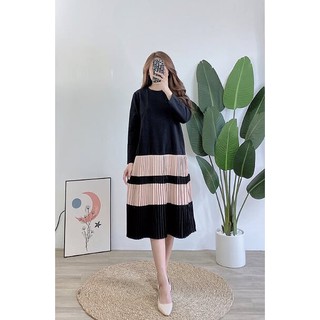 Váy suông  nỉ da cá chân xếp li phối màu, đầm xuông rộng freesize tay dài 2 màu đen,be mã V986 - Michi's House
