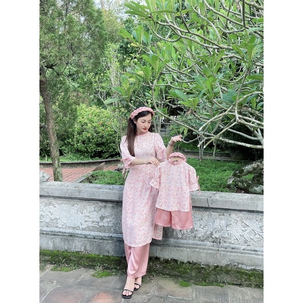 Áo dài voan Pháp hoa nhí hồng,quần lụa satin kèm mấn Tết Mẹ và Bé gái 4-64kg