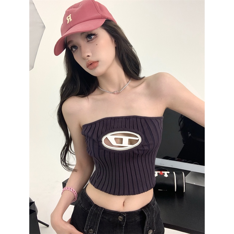 Cocory vn Áo Tank top Dệt Kim Mỏng Một Bên Vai Có logo Kim Loại Quyến Rũ Cho Nữ