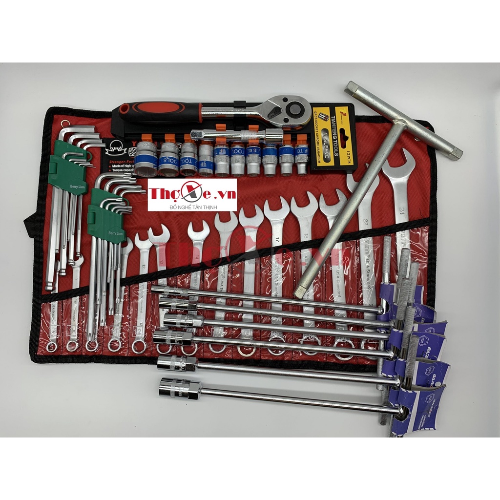 Trọn bộ đồ nghề sửa xe máy cơ bản - Gồm 52 dụng cụ - Cờ lê + tuýp + bộ T + tô vít + lục giác - Thế Giới Thợ Xe