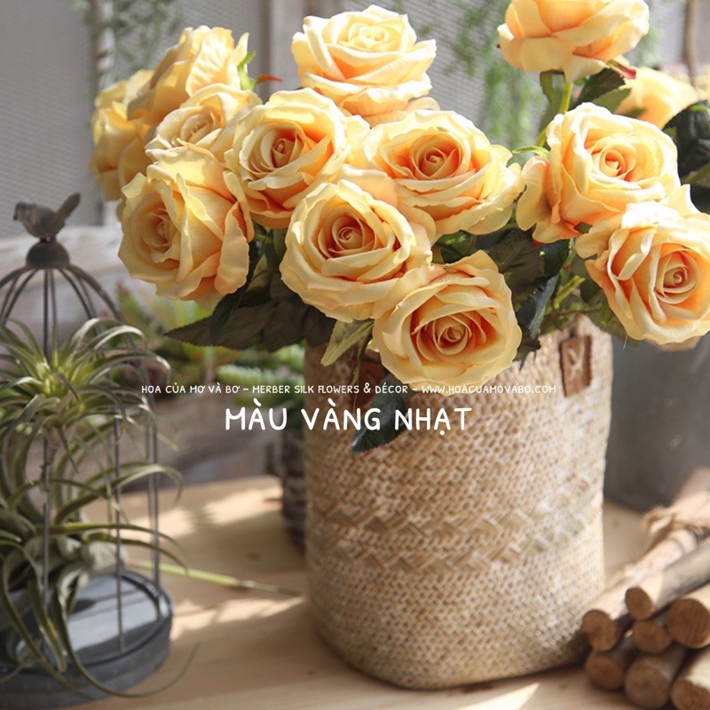 Cành 1 Bông Hoa Hồng Lụa Hàn Quốc Cao Cấp Merber (Mơ & Bơ) Màu Đỏ Bông 70cm - Bông Hồng Khô Hoa Giả Decor Trang Trí