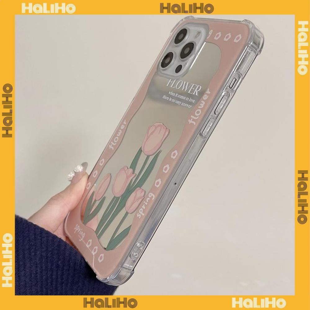 iPhone Case Acrylic HD Mirror Laser Airbag Shockproof Protection Camera Cute Pink Tulip Flower Compatible For iPhone 11 iPhone 13 Pro Max iPhone 12 Pro Max iPhone 7 Plus iPhone xr