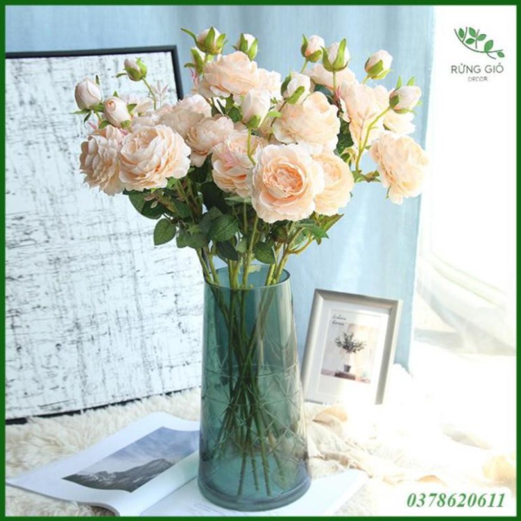 [ Hoa Lụa ] Hoa mẫu đơn cành lớn 3 bông, hoa giả nhân tạo, giá bán cho 1 cành cao 61cm gồm 2 bông và 1 nụ ở trên