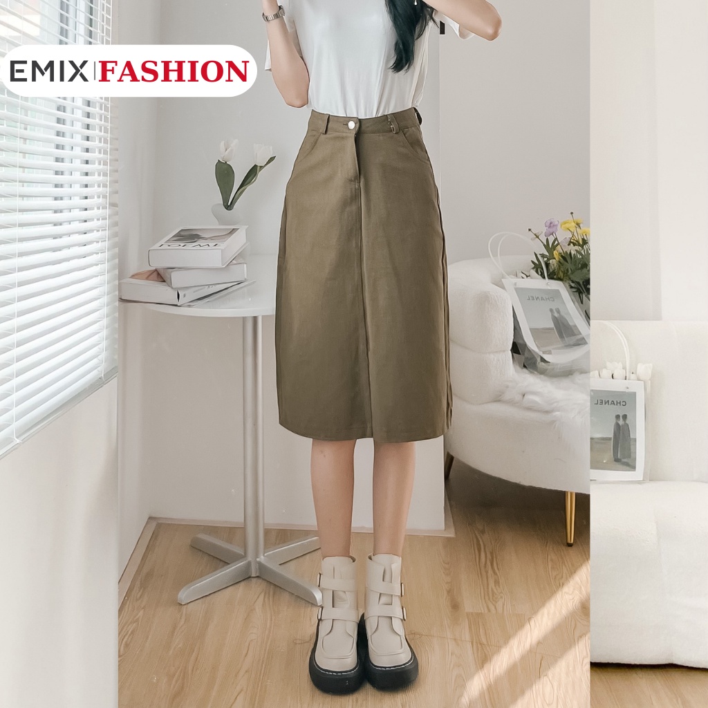 Chân váy jean chữ A EMIX, midi xẻ sau dáng dài, cạp cao, chất jeans mềm 6701