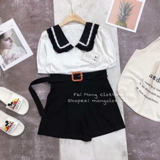 [SALE] Áo sơmi croptop cổ pha đen