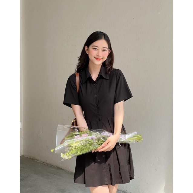 ĐẦM SƠ MI ĐEN DÁNG XOÈ HỞ LƯNG UNISEX ĐƠN GIẢN BASIC SUN FASHION