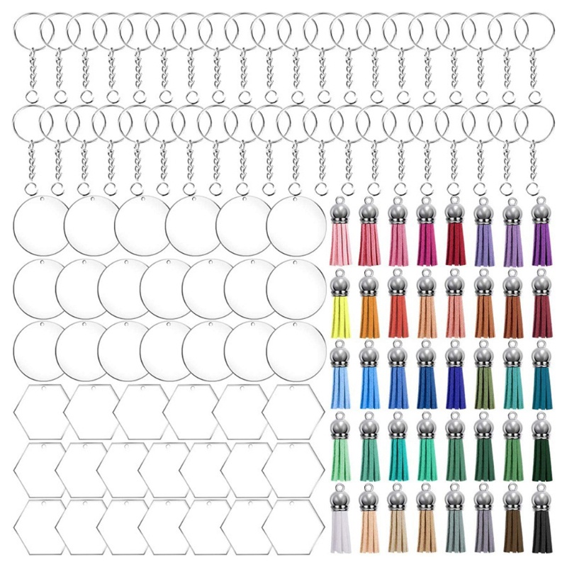 NAV 1 Set Acrylic Ornament Blanks Kit with Hexagon Round Clear Acrylic Discs Keychain Key Rings Jump Rings Colorful Tassels for DIY Projects Crafts