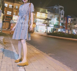 Đầm caro nơ eo