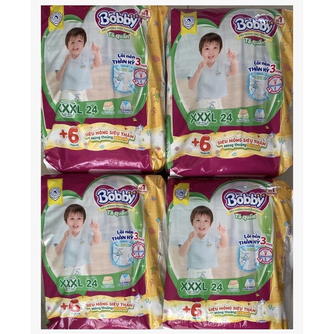 Combo 4 gói tã quần bobby xxxl 24 miếng cho bé 20-35 kg