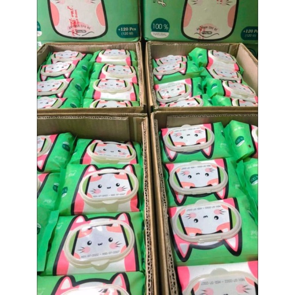 [MẪU CON MÈO]khăn giấy ướt 120 tờ không mùi an toàn cho bé phú đạt hình con bé đáng yêu date mới nhất