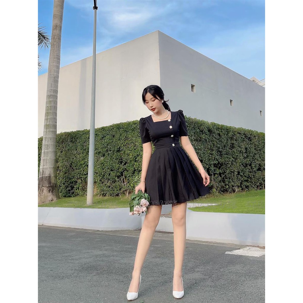 Đầm xòe dập ly Julie 0088 cổ vuông đính nút CIN HOUSE