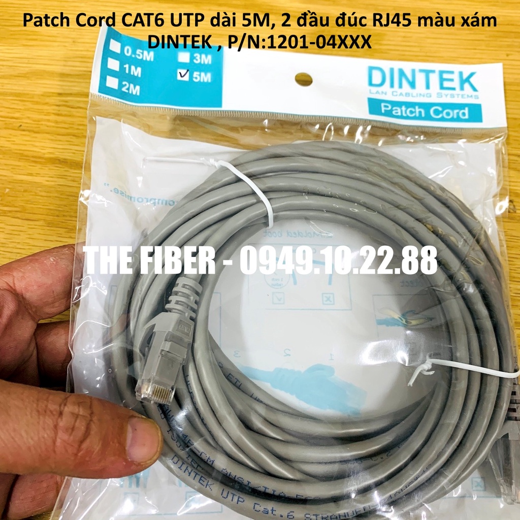 Patch Cord CAT6 UTP dài 5M, 2 đầu đúc RJ45 màu xám - DINTEK , P/N:1201-04XXX