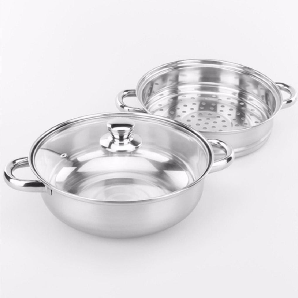 [RẺ VÔ ĐỊCH❤️] NỒI HẤP 2 TẦNG INOX KÈM ĂN LẨU NẮP KÍNH 28CM