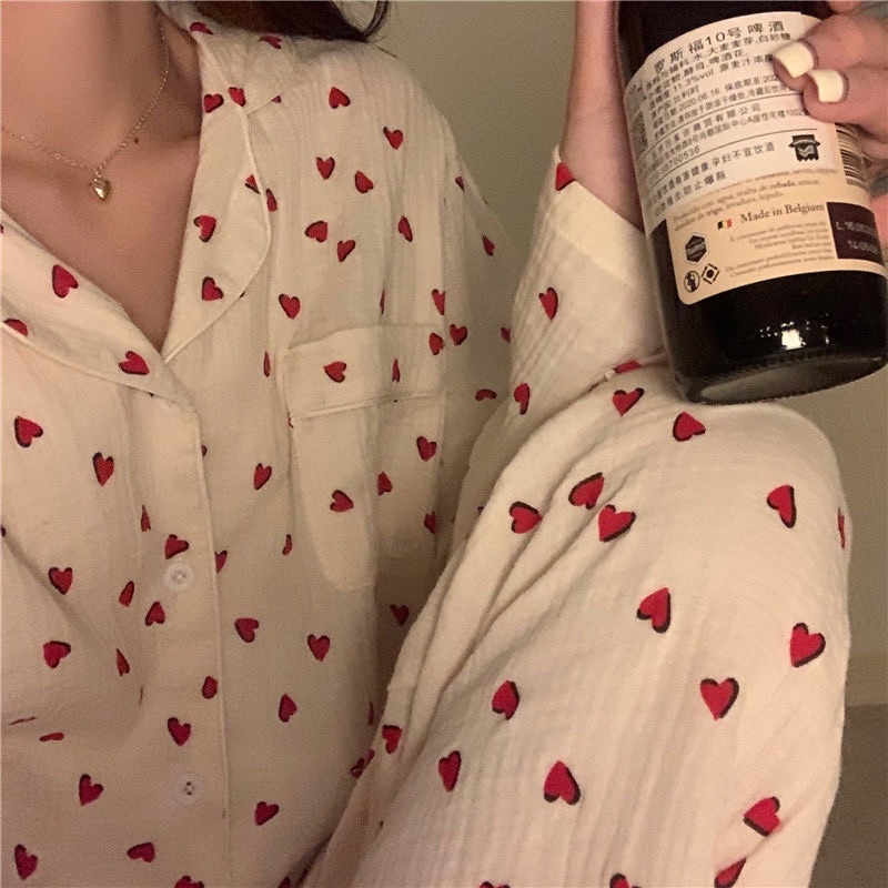 [CÓ SẴN] Đồ Ngủ Pijama dài tay quần dài trái tim đỏ hè thu đông mặc nhà Hàn Quốc ullzang