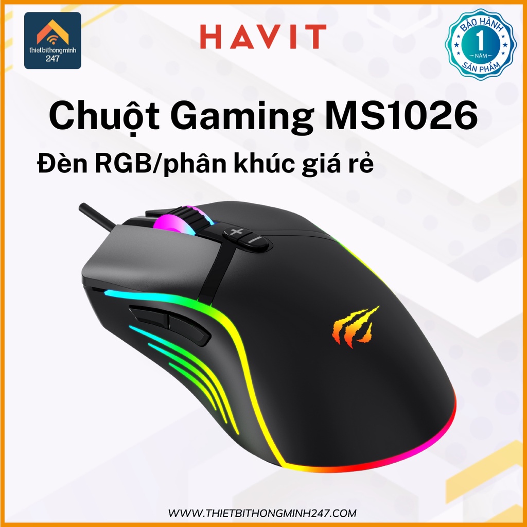 Chuột Gaming có dây HAVIT GAMENOTE MS1026 đèn LED RGB độ nhạy  4 cấp lên đến 6400dpi Cổng USB Đen