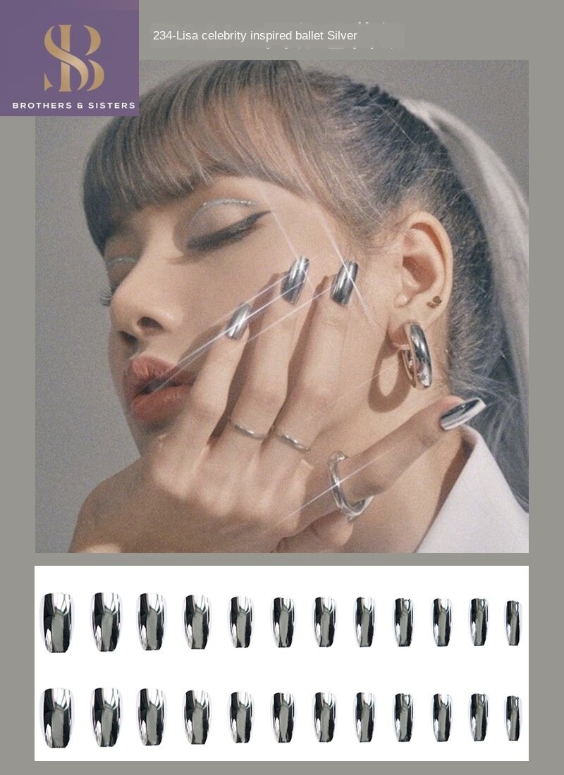 【shiny b&s】Mirror Fake Nails Nail Extension Tapered Square Nail Tips Full Cover Metallic Nail Art Glamour False Nails