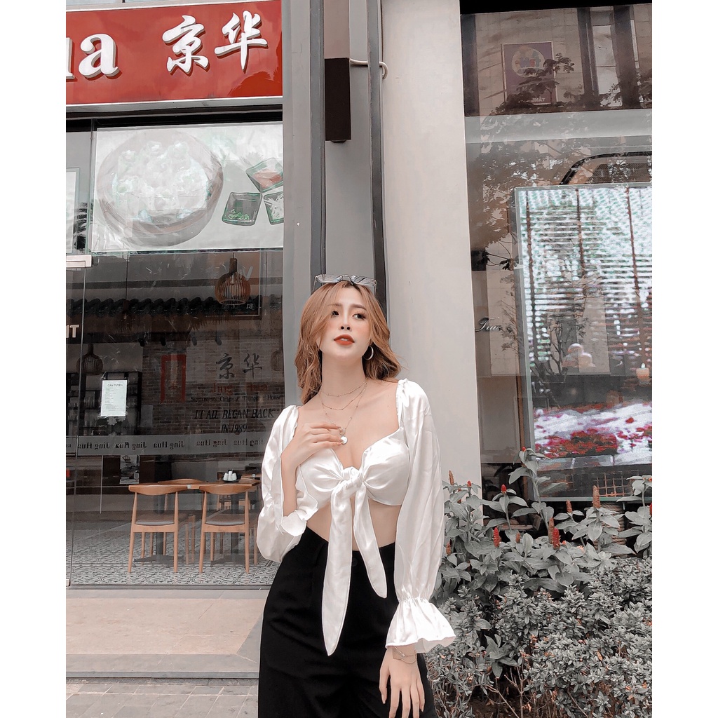 Áo Croptop Tay Bồng Cột Nơ Ngực Bigsize Có Mút Lót Trong May Hai Lớp Chất Lụa Satin Dưới 70Kg "ROSE"