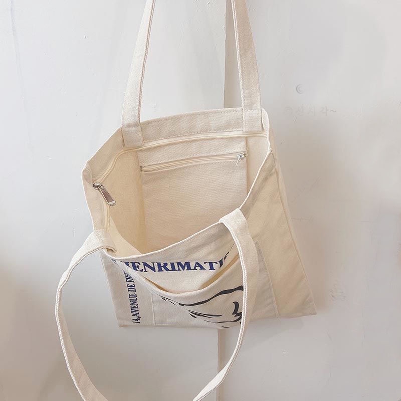 Túi tote vải canvas có khóa phong cách Hàn Quốc