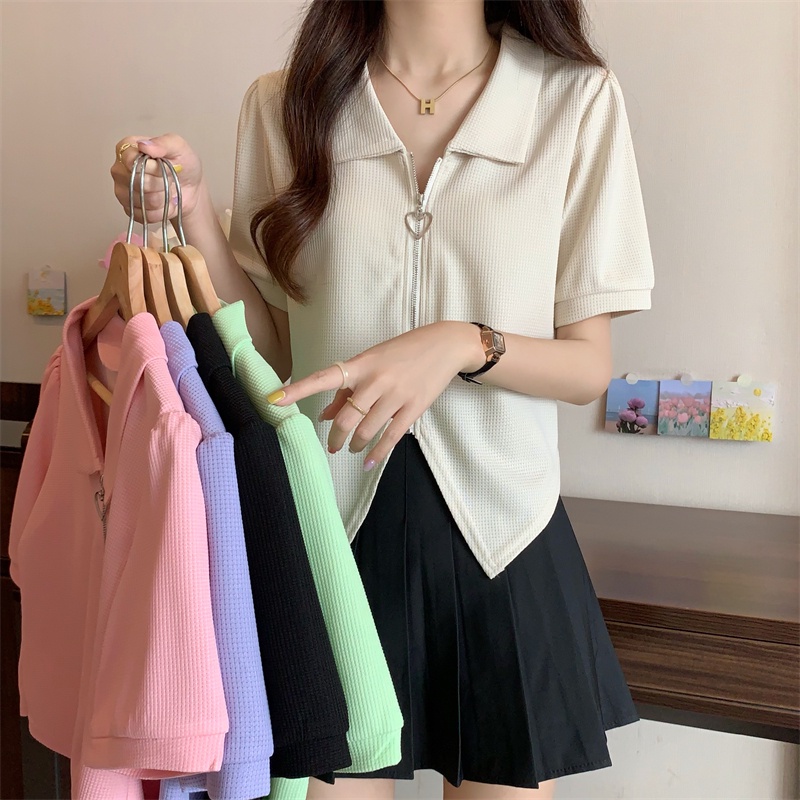 Áo kiểu nữ cổ sơ mi nhiều màu chất đẹp, áo cộc tay dáng ngắn khóa trước sẻ vạt cách điệu thời trang 2022