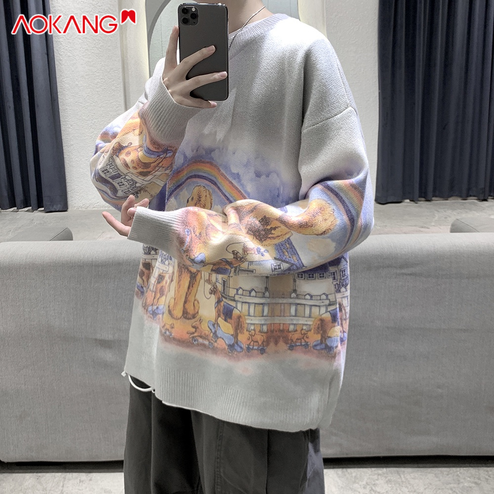 Áo sweater AOKANG dệt kim dày dáng rộng in hình gấu cầu vồng kiểu Hàn Quốc thời trang thu đông cho nam
