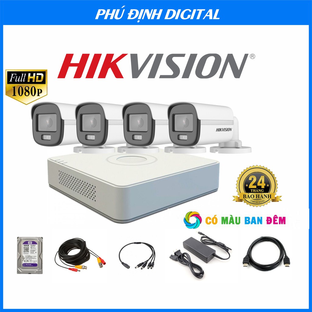 Trọn bộ Camera FULL HD Hikvision có màu ban đêm quan sát rõ nét bảo hành 24 tháng