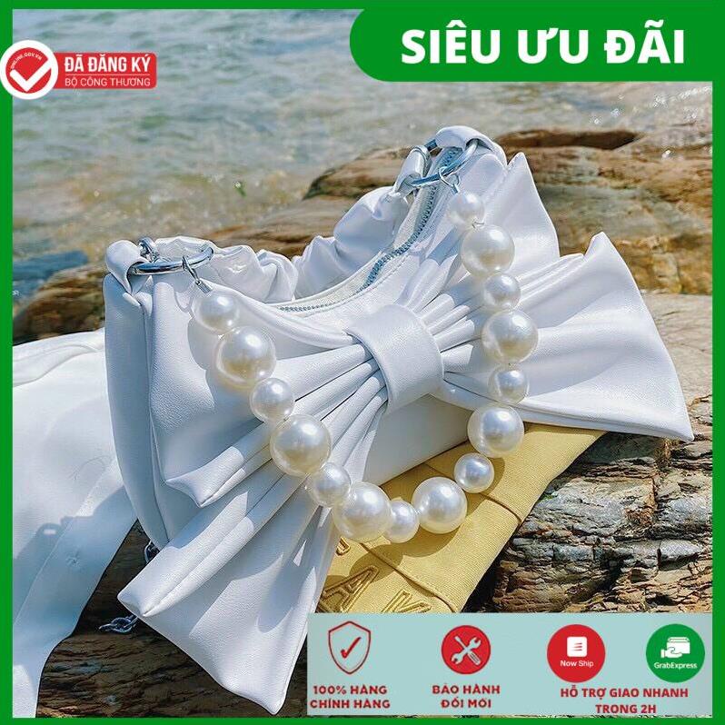 Túi xách nữ thời trang đeo chéo nơ kèm chuỗi ngọc mẫu mới nhất 2021 TKNANO + ảnh thật .