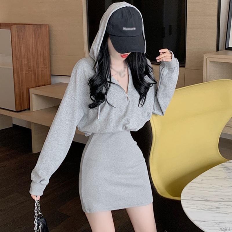 Đầm Hoodie Dài Tay Trơn Màu Xinh Xắn Theo Phong Cách Hàn Quốc