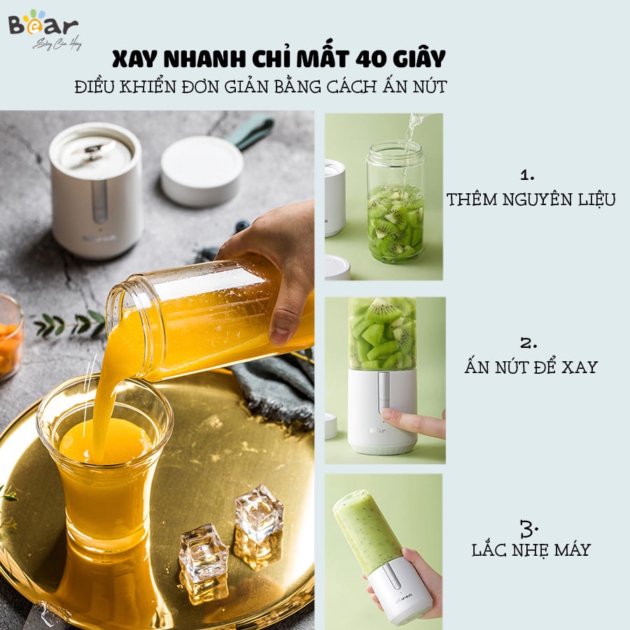 Máy Xay Sinh Tố Cầm Tay Đa Năng Bear BL-B35V1 Máy Xay Tự Làm Sạch Dễ Dàng Sạc Pin 1 Lần Xay Được 10 Ly Sinh Tố